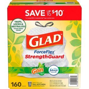 Glad ForceFlex 13-Gallon Kitchen Trash Bags, Gain Original Scent + Febreze, 160 ct.
